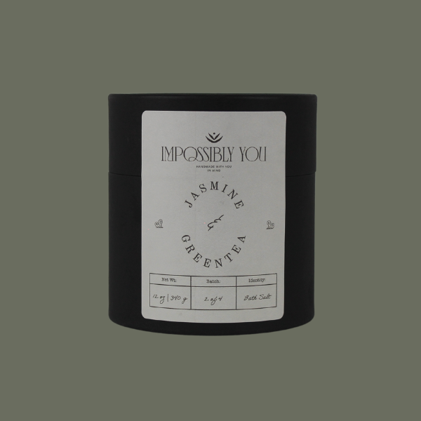 Impossibly you jasmine and green tea bath salts with a green background