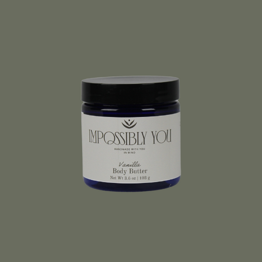 Impossibly you vanilla scented body butter with a green background