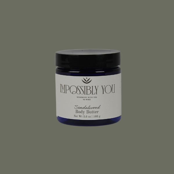 impossibly you sandalwood scented body butter with a green background